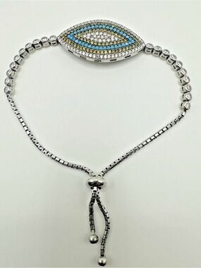 925 Sterling Silver Nano Turquoise Gold White CZ Evil Eye Bracelet Adjustable